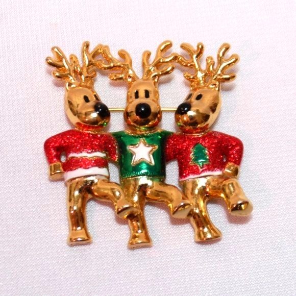 VINTAGE SIGNED "AJC" CHRISTMAS ORIGINAL UGLY SWEATER DANCING REINDEER BROOCH - Picture 1 of 8